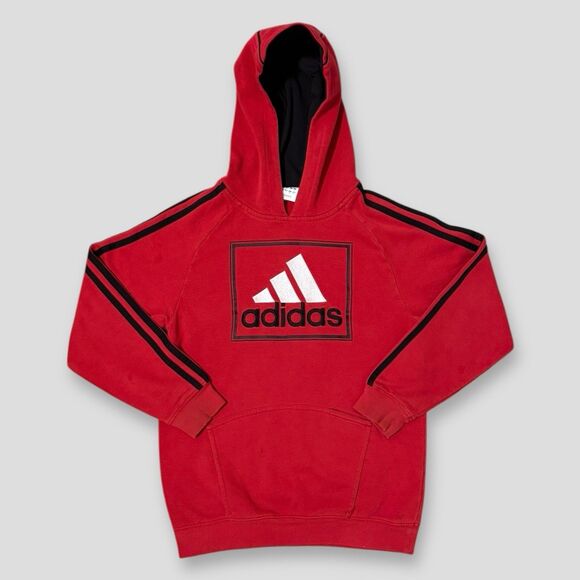 Adidas Hoodie Sweatshirt Red Embroidered Logo Pull Over Y2K Youth Size Med - Picture 1 of 9